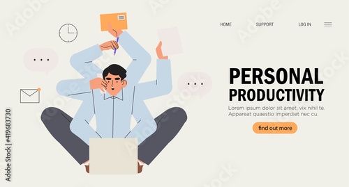 Multitasking and time management concept. Young freelancer man or business manager working at office on laptop. Personal or employee work productivity banner, web landing page. Busy businessman.