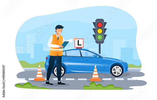 Male driving instructor is teaching how to drive a car on the street. Concept of driving school, driver s license, traffic rules and tests. Flat cartoon vector illustration
