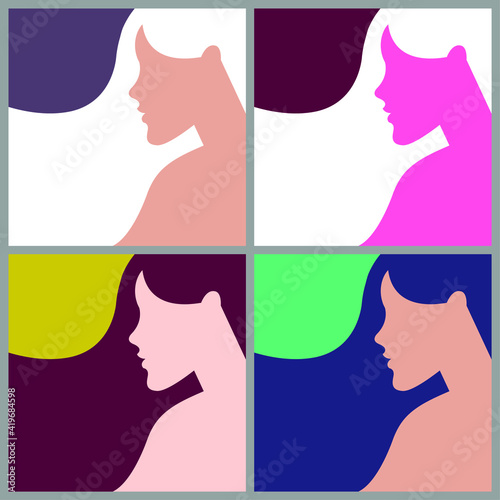 vector ultra minimalistic flat design fashion illustration of female profile with flowing hair in multiple colors. can be used in various types of advertisements, posters, banners, icons and more.