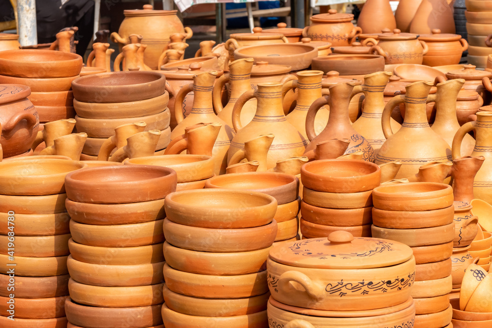 Traditional Georgian clay pottery for sale in the village of Shrosha Traditional Georgian clay pottery for sale in the village of Shrosha