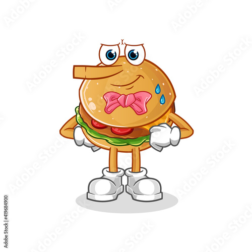 burger lie like Pinocchio character. cartoon mascot vector