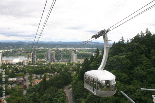 Portland Aerial Tramway Oregon Cablecar with the Columbia River and the Cityscape in the Background