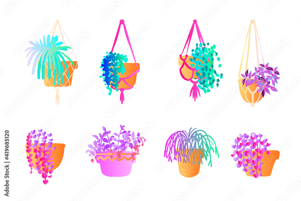 Neon tropical plants and flowers in pots. Vector color sketch on a white background. Ultraviolet pink, blue, turquoise.