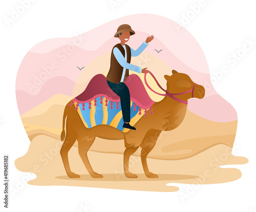 Male character is offering to ride camels through the sand dunes in the desert. Concept of camel caravan excursion in Egypt. Flat cartoon vector illustration