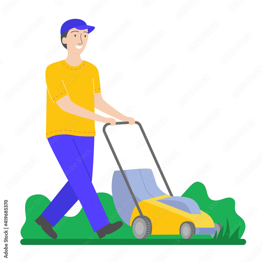 Man mows the grass with a yellow lawn mower. Smiling gardener tends the lawn. Duties of the husband in the garden. Garden work and equipment, home yard care, landscaping. Vector illustration Man mows the grass with a yellow lawn mower. Smiling gardener tends the lawn. Duties of the husband in the garden. Garden work and equipment, home yard care, landscaping. Vector illustration