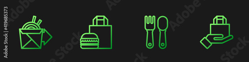 Set line Fork and spoon, Online ordering noodles delivery, burger and . Gradient color icons. Vector.