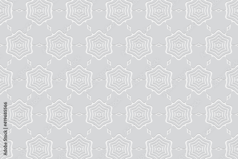 Geometric white wallpaper with ethnic ornament from polygons. Background with volumetric composition with 3D effect of convex shape. Design for presentations, wrapping paper.
