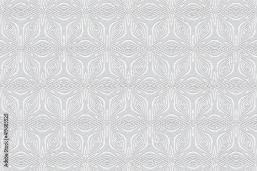 Geometric white wallpaper with ethnic stylish ornament. Background with volumetric composition with 3D effect of convex shape. Design for presentations, websites, business cards. ©  swetazwet