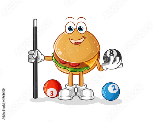 burger plays billiard character. cartoon mascot vector