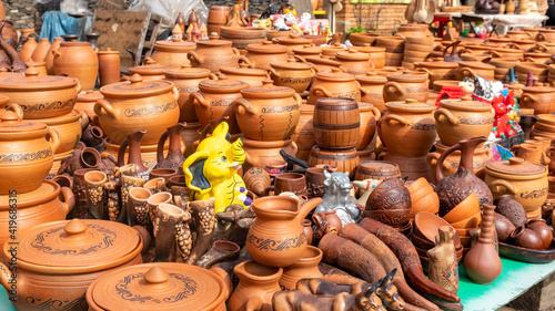 Traditional Georgian clay pottery for sale in the village of Shrosha