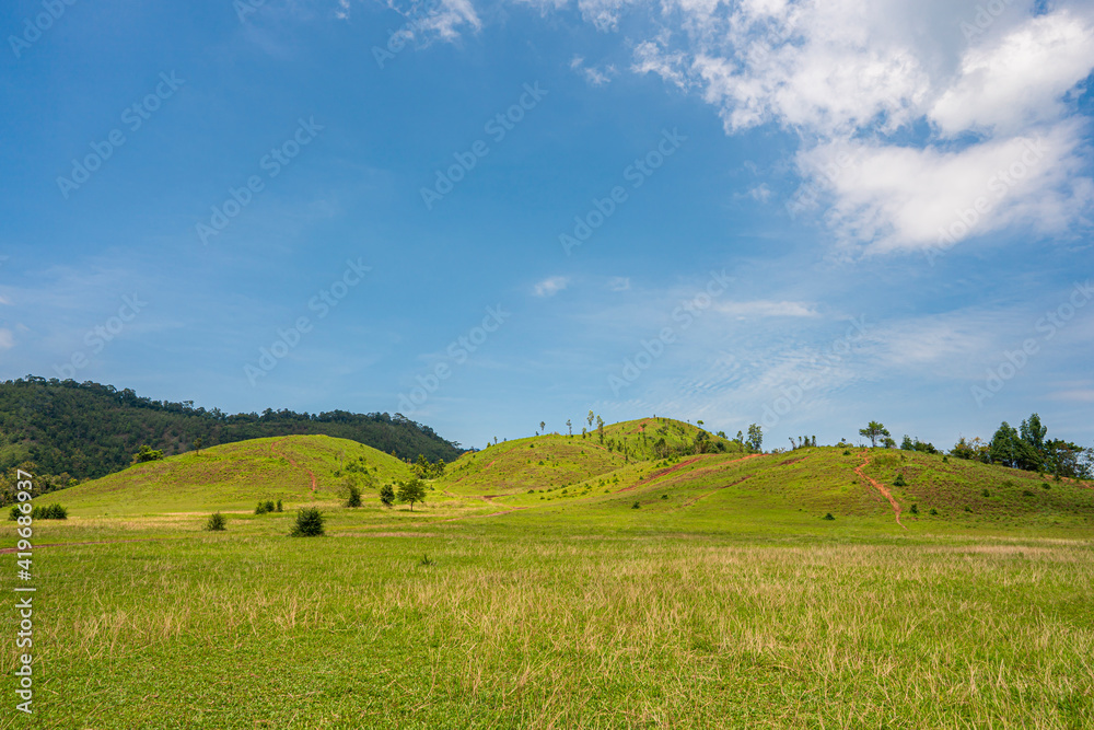 Meadow and hill landscape with blue sky background