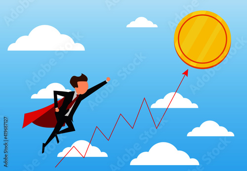 super hero superman businessman flying. Currency cryptocurrency growth. Business concept