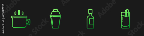 Set line Champagne bottle, Coffee cup, Cocktail shaker and Bloody Mary. Gradient color icons. Vector.