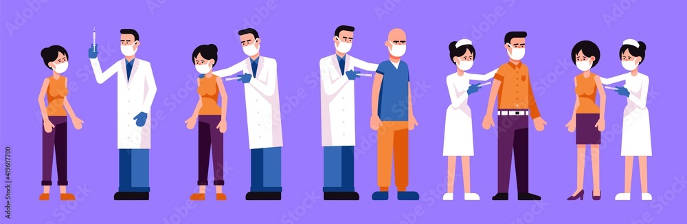 Patients are vaccinated by doctors and nurses. Mass vaccination against covid-19. Vector illustration. Patients are vaccinated by doctors and nurses. Mass vaccination against covid-19. Vector illustration.