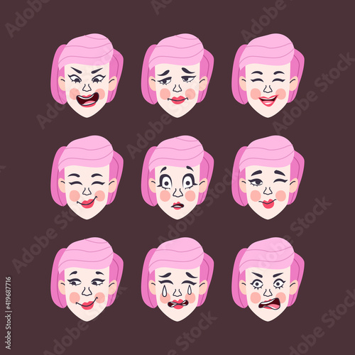 Set of woman's emotions. Facial expression. Girl Avatar, illustration in flat design © Zalina