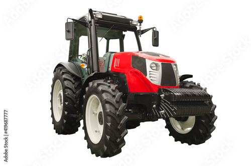 Red agricultural tractor isolated on a white background