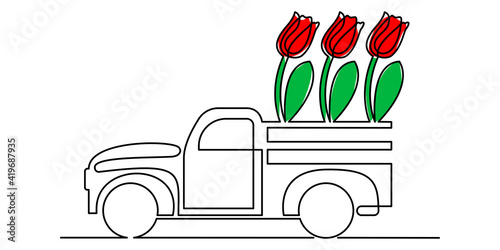 Retro pickup truck with tulips, continuous line. Vector illustration, isolated on white background.