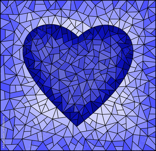 Illustration in stained glass style with abstract  heart onon a cracked background, rectangular image,monochrome tone, blue