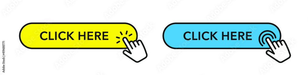 Set of Click here buttons with hand pointer. Buttons for web and apps. Set of Click here buttons with hand pointer. Buttons for web and apps.