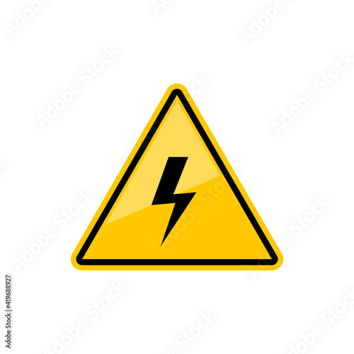 Electric hazard sign with lighting or thunder icon in yellow triangle. Vector high voltage sign, caution and danger warning symbol, shock hazard mark. Danger. Keep out. Lighting bolt arrow