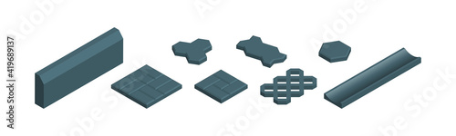 
Isometric vector illustration concrete paver blocks isolated on white background. Realistic different shape street paving slabs icons in flat cartoon style. Pavement floor bricks. Street tiles.