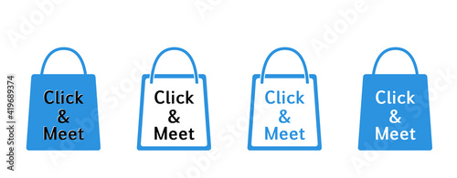 „Click & Meet“ Icons Einkaufstüten, Einkaufstaschen, Tragetaschen, in grün, blau, pink, rot, 
Reklame Hintergrund, Einkaufen mit Termin, 
Vektor Illustration isoliert auf weißem Hintergrund
