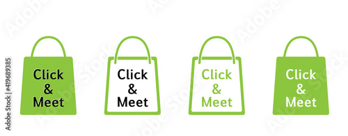 „Click & Meet“ Icons Einkaufstüten, Einkaufstaschen, Tragetaschen, in grün, blau, pink, rot, 
Reklame Hintergrund, Einkaufen mit Termin, 
Vektor Illustration isoliert auf weißem Hintergrund
