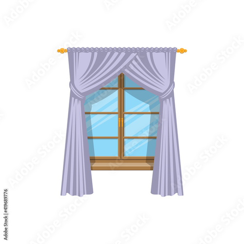 Drapery curtains on cornice at wooden window isolated icon. Vector drapes or shades  home interior and window treatments design. Tab top and sash curtains with rods and valances  vertical shutters