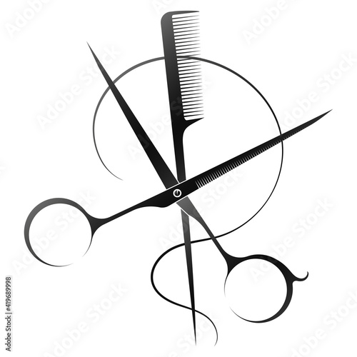 Scissors comb and curl of hair symbol for beauty salon and stylist
