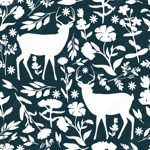 Floral wallpaper with deers. Trendy pattern. Can be used as wallpapers, wrapping paper, cards, etc. Hygge style.