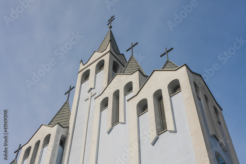 Fragment of Modern Szentlelek Holy Spirit church in Heviz Hungary with blue color photo