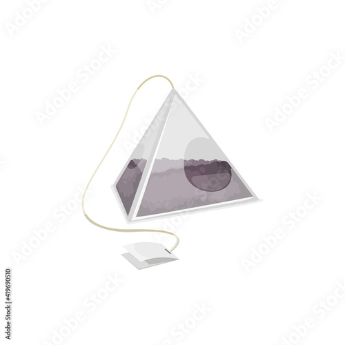 Teabag pyramid with label isolated black tea mockup. Vector tea bag with blank tag on thread, template of packaging. Porous sealed packet with tea-leaves traditional English or chinese triangle teabag