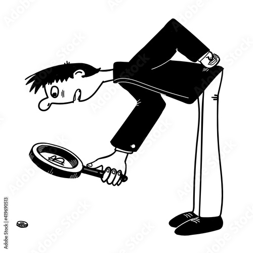 A cartoon man with a magnifying glass found a bitcoin coin.