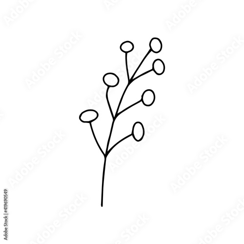 Sprig with berries in doodle style. Black and white vector isolated illustration spring and summer season. Hand drawn branch