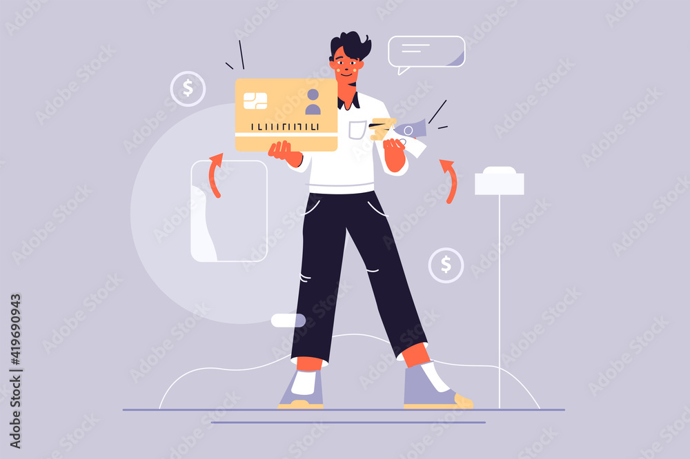 Card or cash choice vector illustration. Guy holding plastic credit card and banknotes flat style. Economy, money, finance and investment concept. Isolated on grey background Card or cash choice vector illustration. Guy holding plastic credit card and banknotes flat style. Economy, money, finance and investment concept. Isolated on grey background
