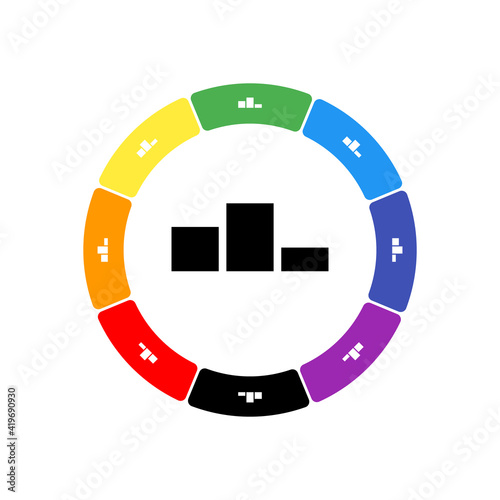 A large black winners podium symbol in the center, surrounded by eight white symbols on a colored background. Background of seven rainbow colors and black. Vector illustration on white background