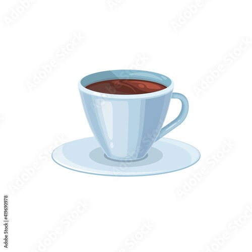 White cup of tea with saucer isolated aromatic drink. Vector traditional English black 5 oclock tea, herbal, green or black beverage in ceramic mug with handle. Morning refreshment drink