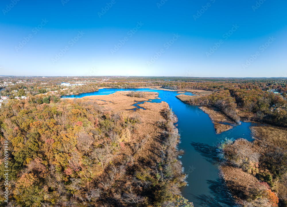 Drone Aerial Shot of River going thorugh Trees in Nature
