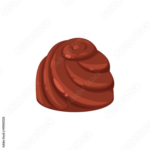 Choco sweets isolated chocolate candy with swirls. Vector sweet confectionery food, brown dessert with nougat, holiday treat, Belgian or Swiss choco. Candy with praline and ganache, sugary confection