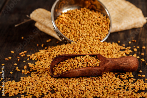 Cuadro en lienzo Fenugreek seeds on metal plate, spice, culinary ingredient