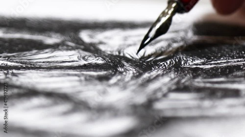 The process of drawing a sketch pen and ink close-up shot