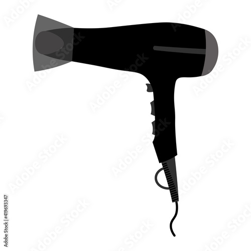 Hair dryer. Black Hair dryer icon isolated on white background. Hairdryer sign. Hair drying symbol. Blowing hot air.