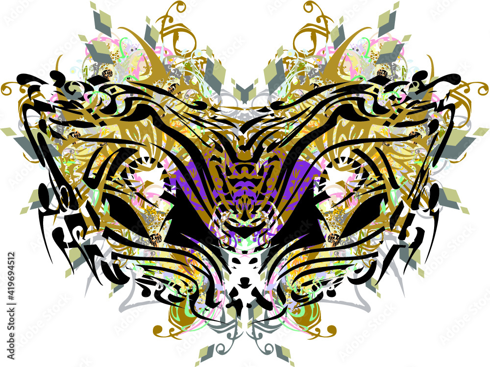 Fototapeta premium Splattered butterfly wings on a white background. Abstract butterfly wings with colorful floral motifs, diamond-shaped patterns for holidays and events, wallpaper, textile, tattoos, prints on T-shirts