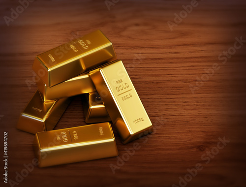 gold bars on a wood floor  3d render.