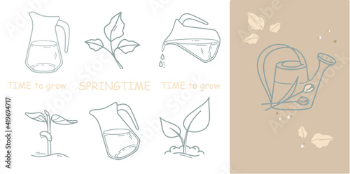 Hello spring icon set with growing plants, sprout, watering can, spring flowers, water jug. Water the plants vector icons in outlines