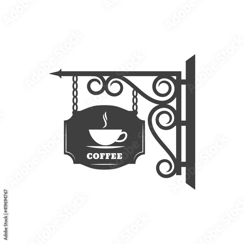 Retro signboard of coffee shop or cafe, cafeteria retro sign with forged metal ornament and chains. Vector board with antique forged ornaments, cafeteria or cafe sign, coffee restaurant signage