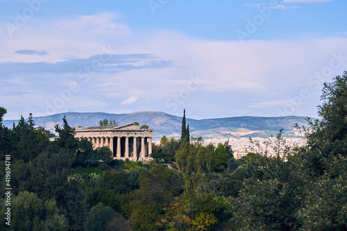 Athenian Temple in Greece surrounded by trees