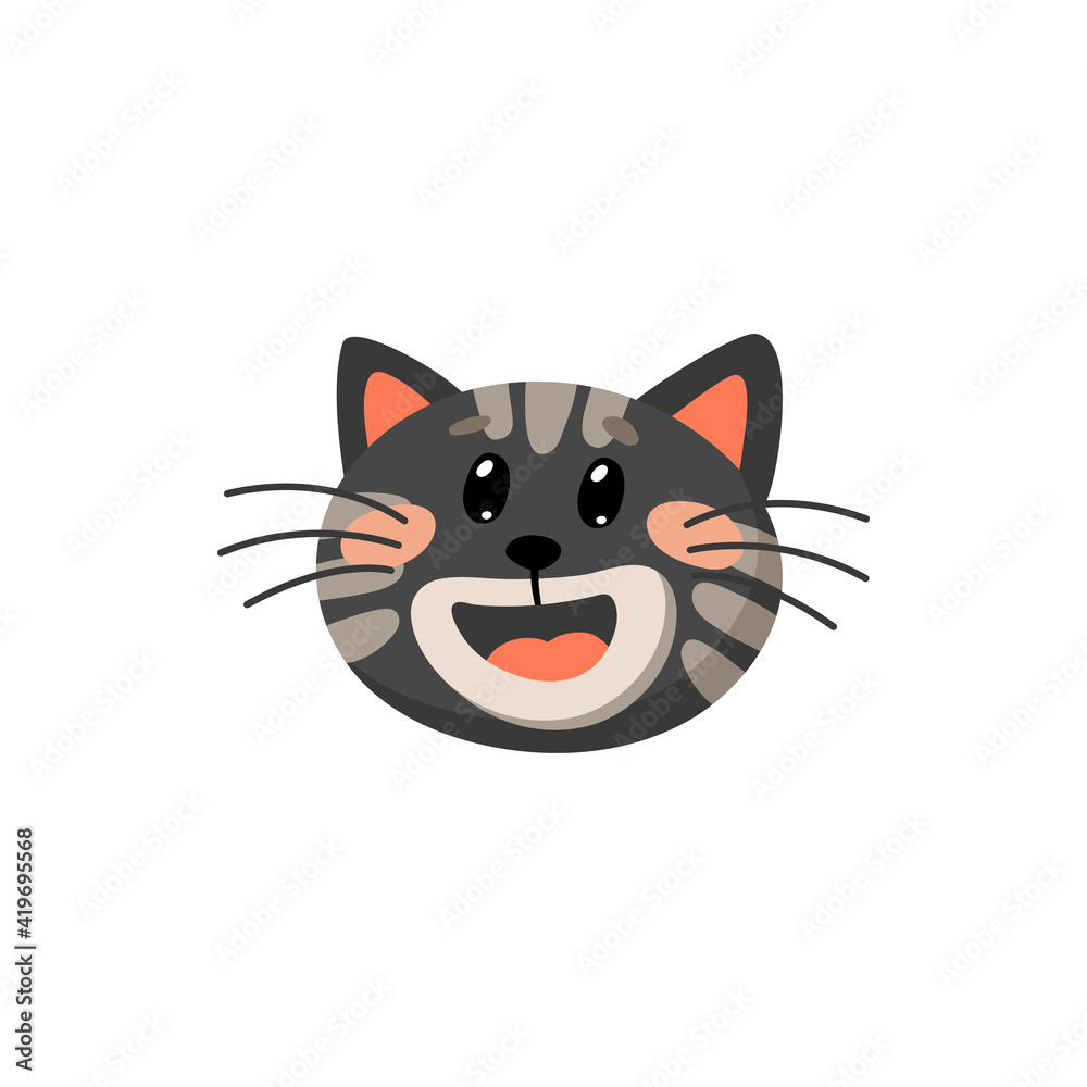 Obraz premium Black cat with open mouth, red tongue and ears isolated cartoon animal head. Vector cute kitty portrait, happy emoticon expressing emotion of joy and happiness. Kitten in good mood, snout muzzle