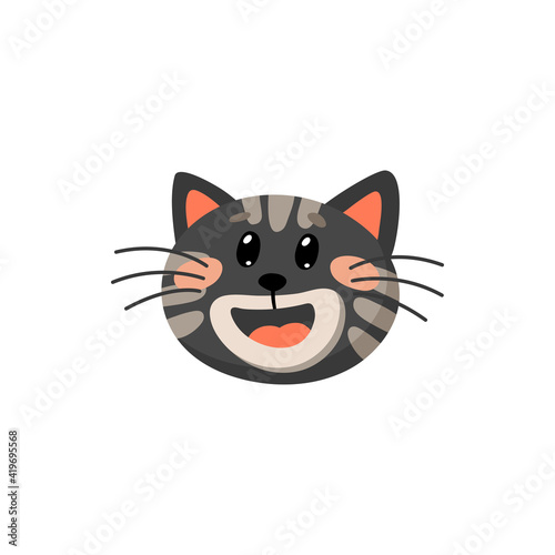 Black cat with open mouth  red tongue and ears isolated cartoon animal head. Vector cute kitty portrait  happy emoticon expressing emotion of joy and happiness. Kitten in good mood  snout muzzle