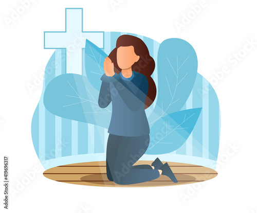 Concept of prayer, blessing, religion, faith. Religious young female character is standing on knees and praying in church in front of cross. Faith in God. Flat cartoon vector illustration